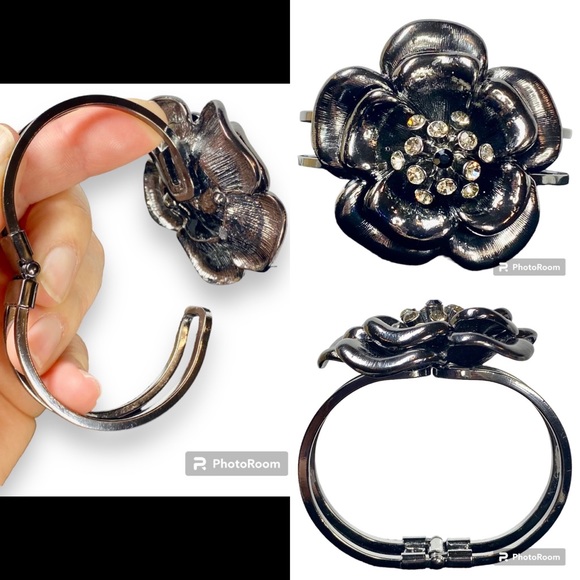 Vintage Rose & Crystals Gunmetal Hinge Bracelet, Black / Gray - Picture 3 of 15